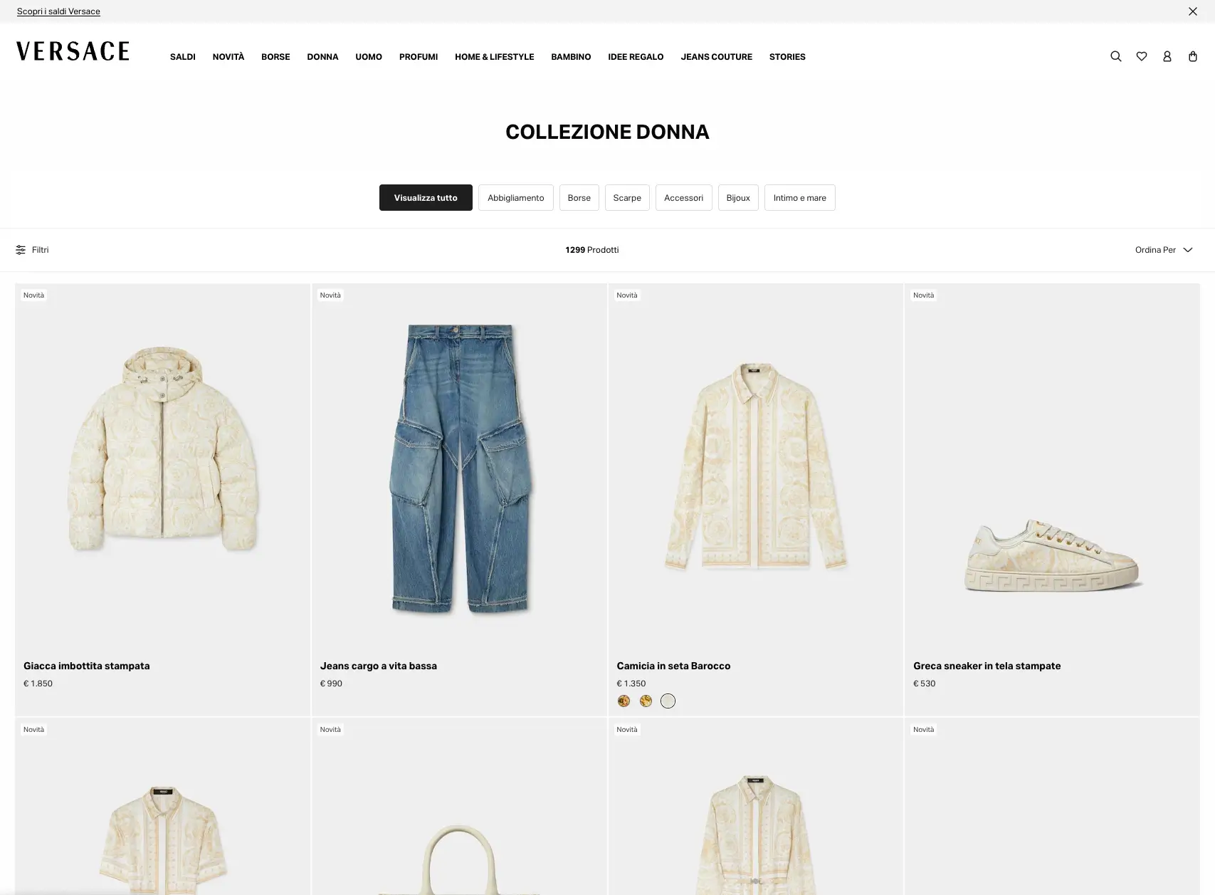 Women's collection page of the Versace e-commerce site on Salesforce Commerce Cloud