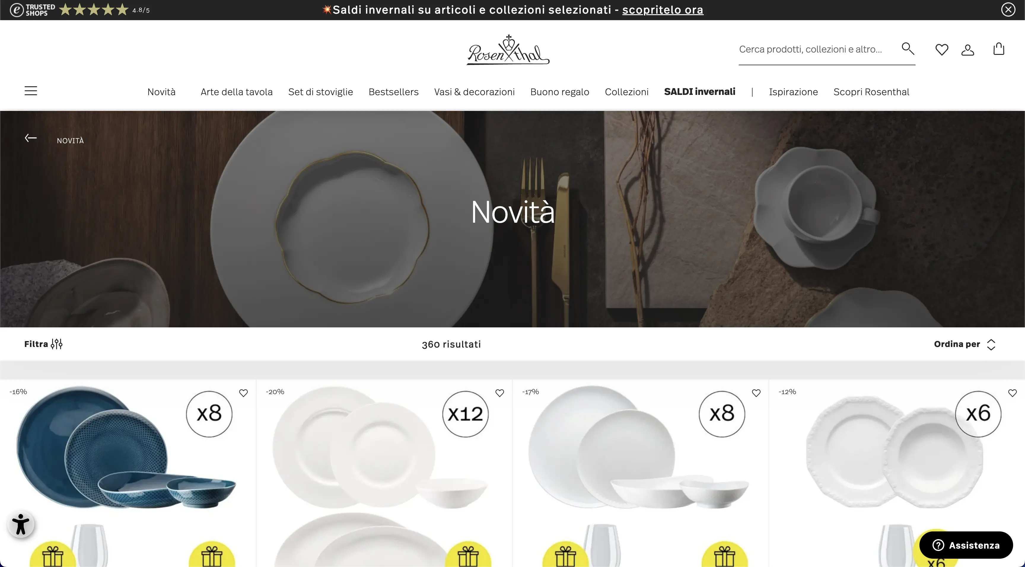 Screenshot del e-commerce su Salesforce Commerce Cloud di Rosenthal